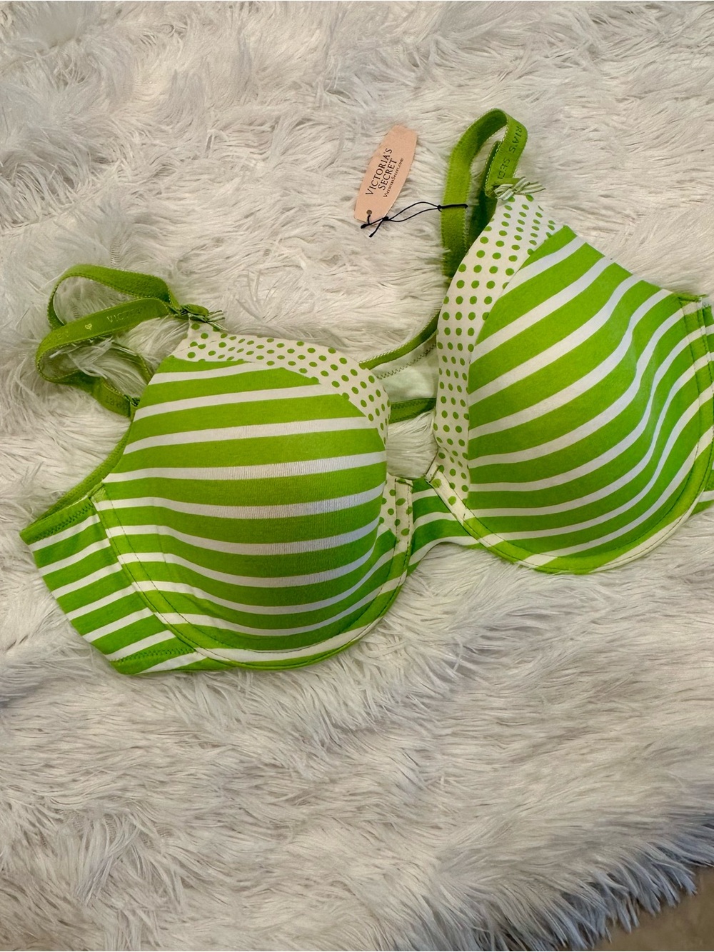 💚🤍Victoria’s Secret Cotton Lined Perfect Coverage Bra 38C Lime Green Stripe